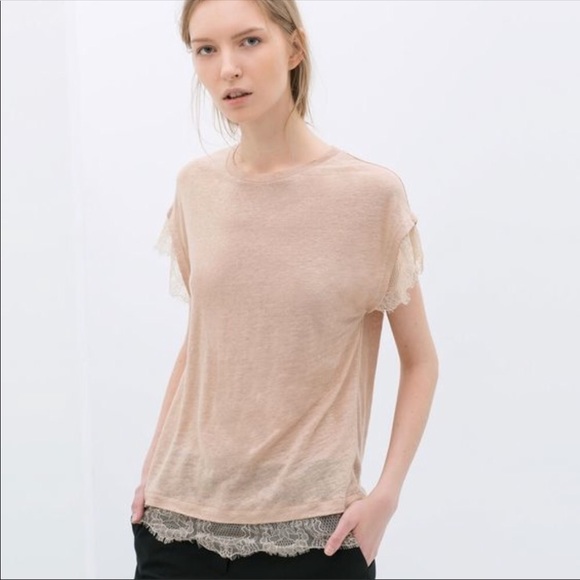 Zara Tops - ZARA Blush Lace Trim Top